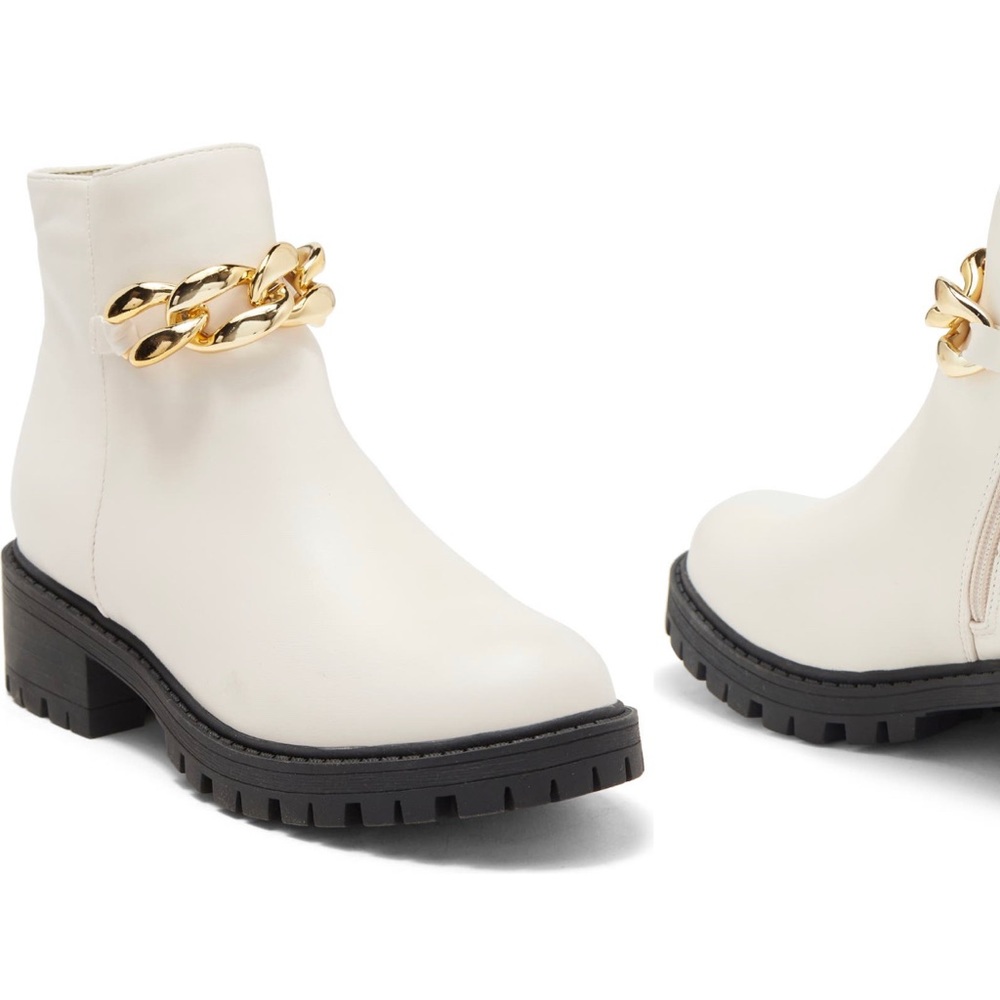 New! Nicole Miller lug boots with chain detail.
